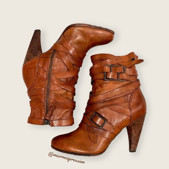 $369 Frye Mikaela Strappy Cognac Distressed Leather Zip Up Career Ankle Bootie - Picture 3 of 11